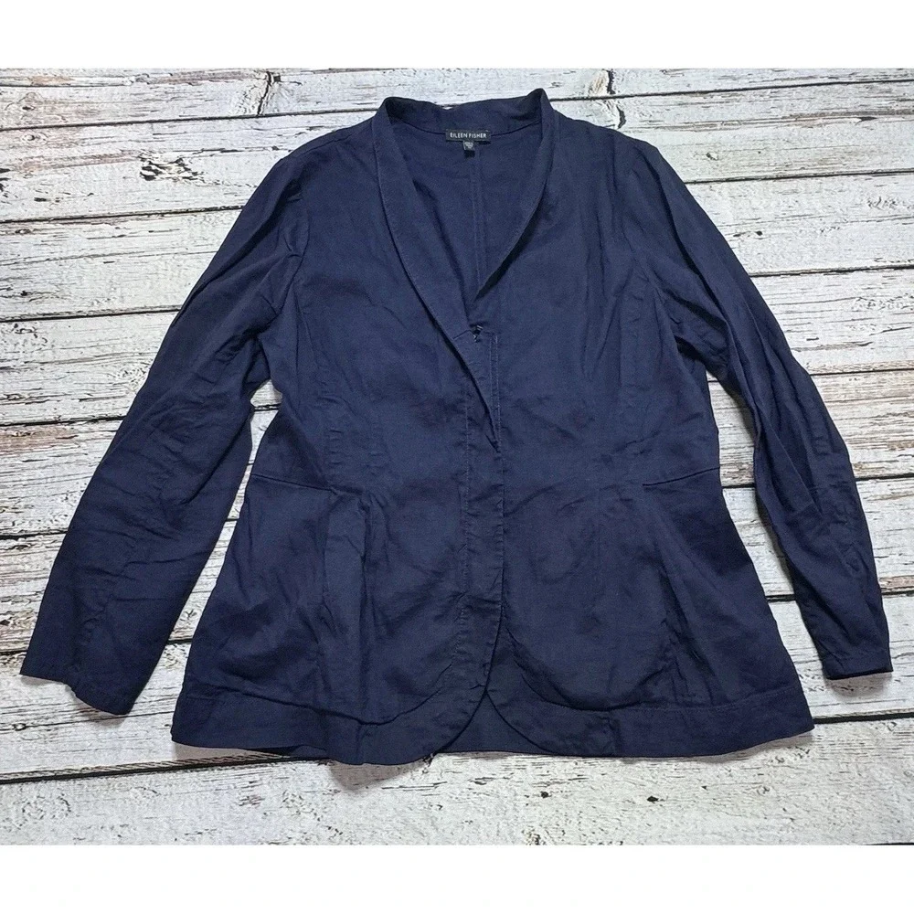 EILEEN FISHER Jacket Blazer Linen Viscose Blend Stretch Zip Up Navy Blue M